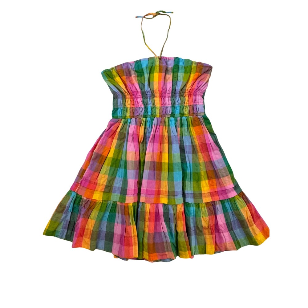 Anthropologie Rainbow Gingham Smocked Tiered Halter Mini Dress Multicolor Size M